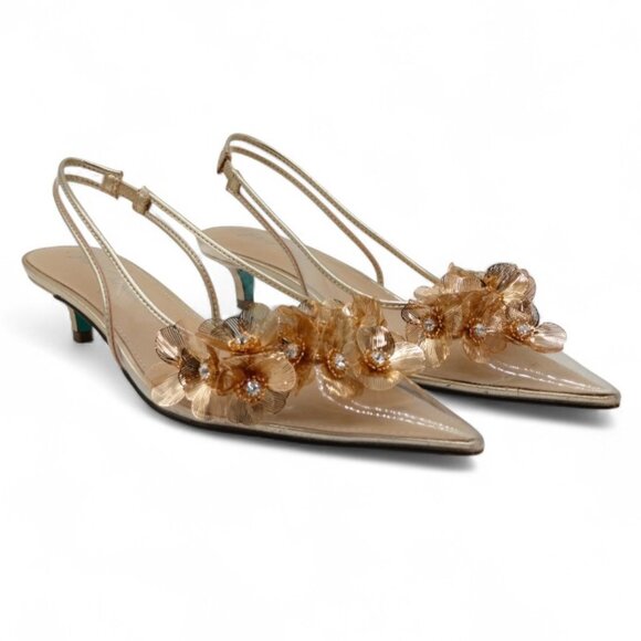 Betsey Johnson Women's Size 6.5 Robin Gold Metal Flower Sling Back Kitten Heel - Picture 1 of 13